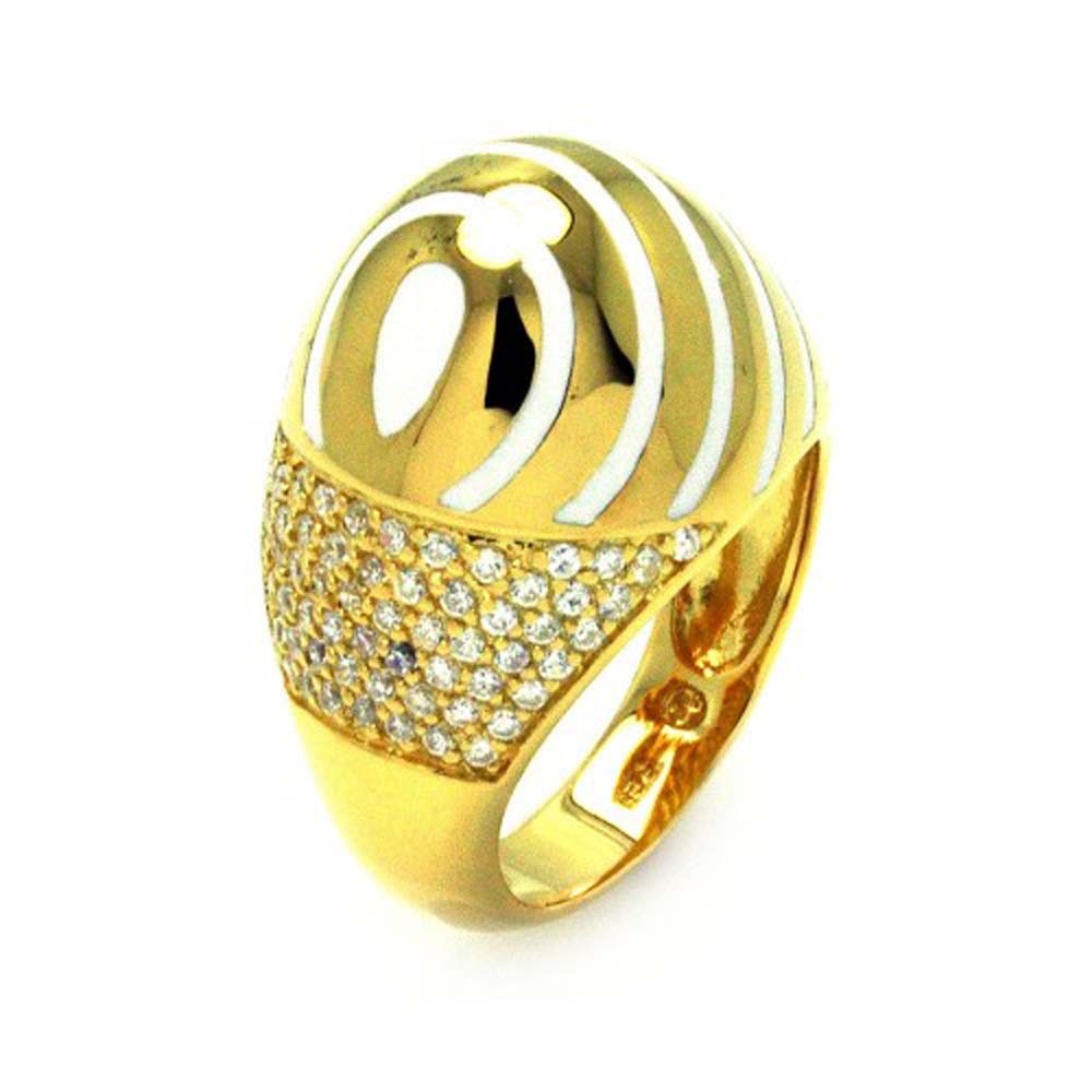 Sterling Silver Gold Plated Fancy Band Ring with White Enamel Stripe Design and Inlaid with Micro Paved Clear Czs