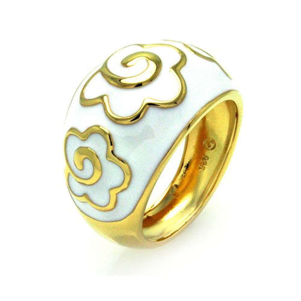 Sterling Silver Gold Plated Domed Band Ring with White Enamel and Flower DesignAnd Band Width of 16.4MM