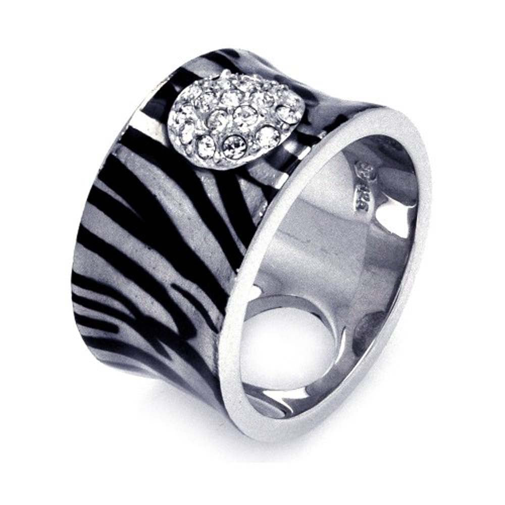 Sterling Silver Zebra Print Concave Band Ring with Centered Clear Czs