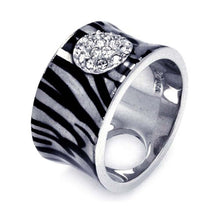 Load image into Gallery viewer, Sterling Silver Zebra Print Concave Band Ring with Centered Clear Czs