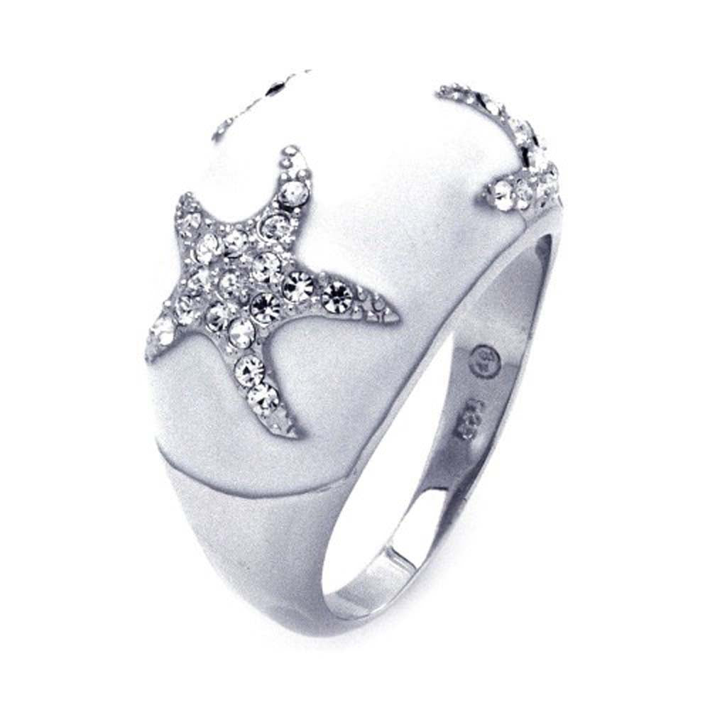 Sterling Silver White Enamel Domed Band Ring with Multi Paved Starfish Design