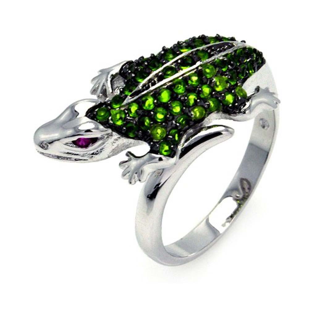 Sterling Silver Fancy Lizard Design Inlaid with Green Czs and Amethyst Cz Eyes