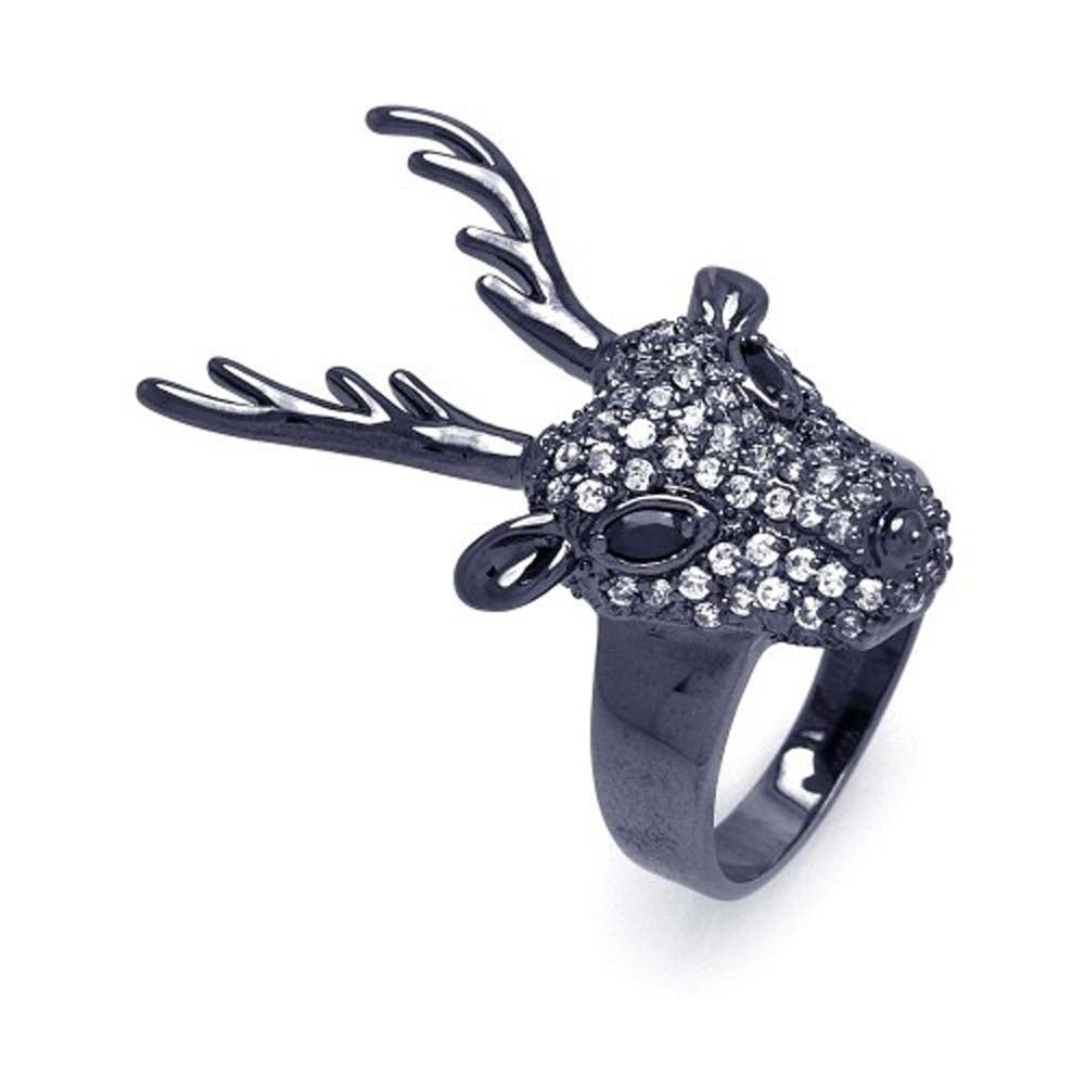 Sterling Silver Black Rhodium Plated Reindeer Head Design Inlaid with Clear Czs