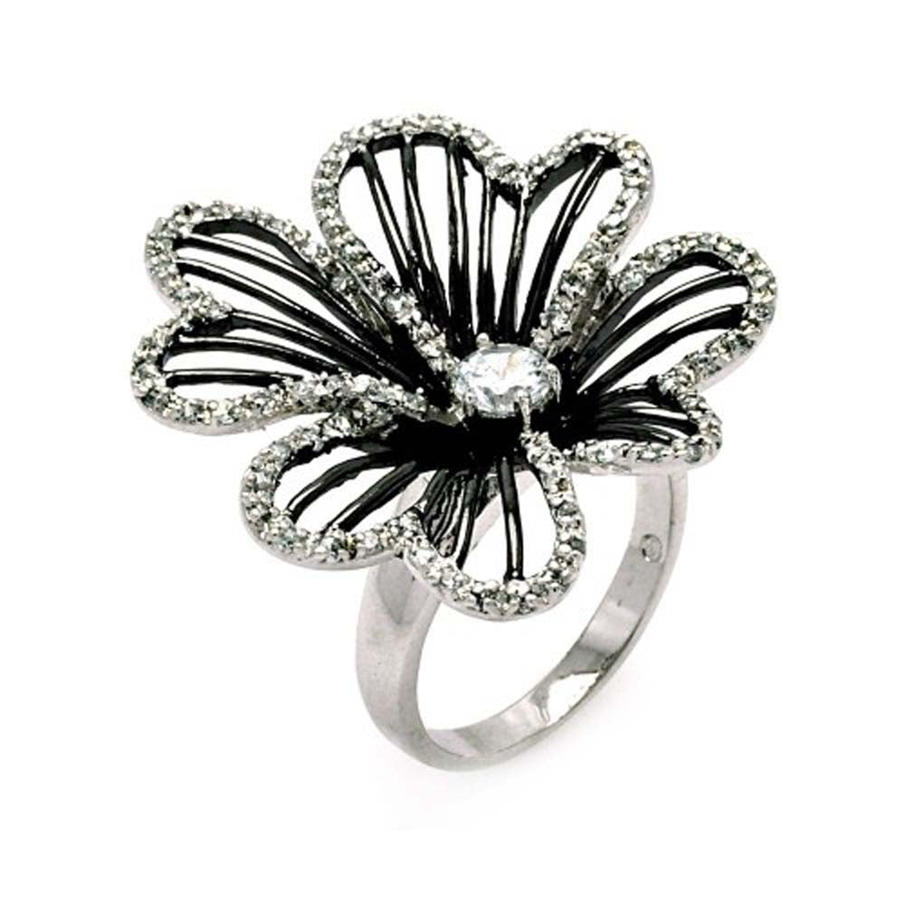 Sterling Silver Two-Toned Open Flower Design Inlaid with Clear Czs and Centered Solitaire Round Cut Clear Cz RingAnd Ring Diameter of 32.65MM