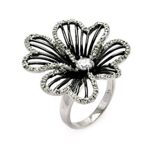 Load image into Gallery viewer, Sterling Silver Two-Toned Open Flower Design Inlaid with Clear Czs and Centered Solitaire Round Cut Clear Cz RingAnd Ring Diameter of 32.65MM