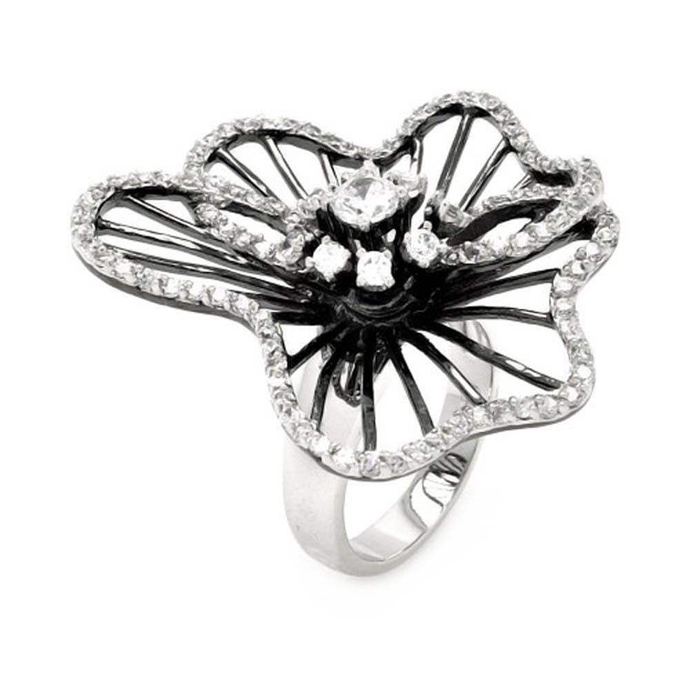 Sterling Silver Two-Toned Wavy Flower Design Inlaid with Clear Czs RingAnd Ring Dimensions of 36.75MMx32.6MM