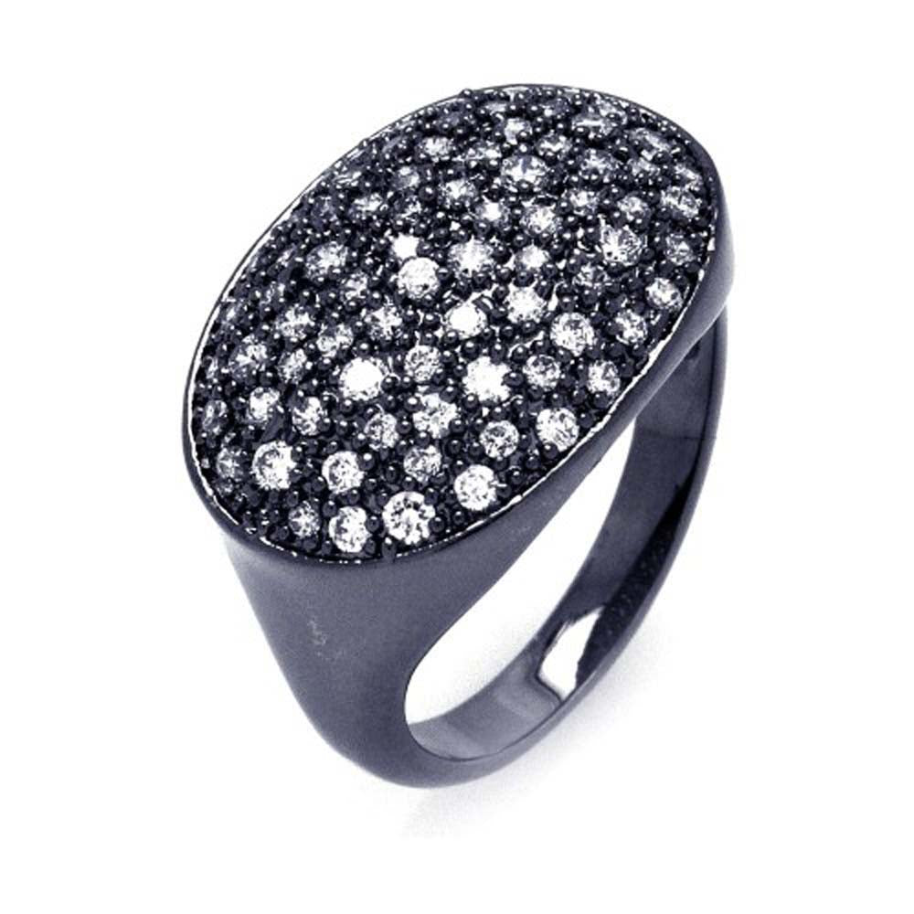 Sterling Silver Black Rhodium Plated Oval Design Inlaid with Micro Paved Clear Czs Ring