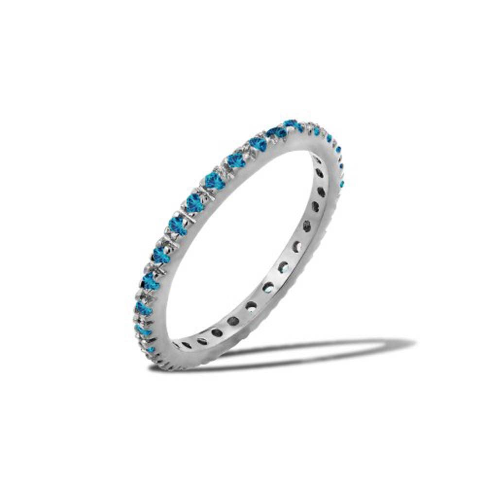 Sterling Silver Rhodium Plated Birthstone Inlay December Month Eternity Ring With Blue Sapphire CZ StonesAnd Width 2mm