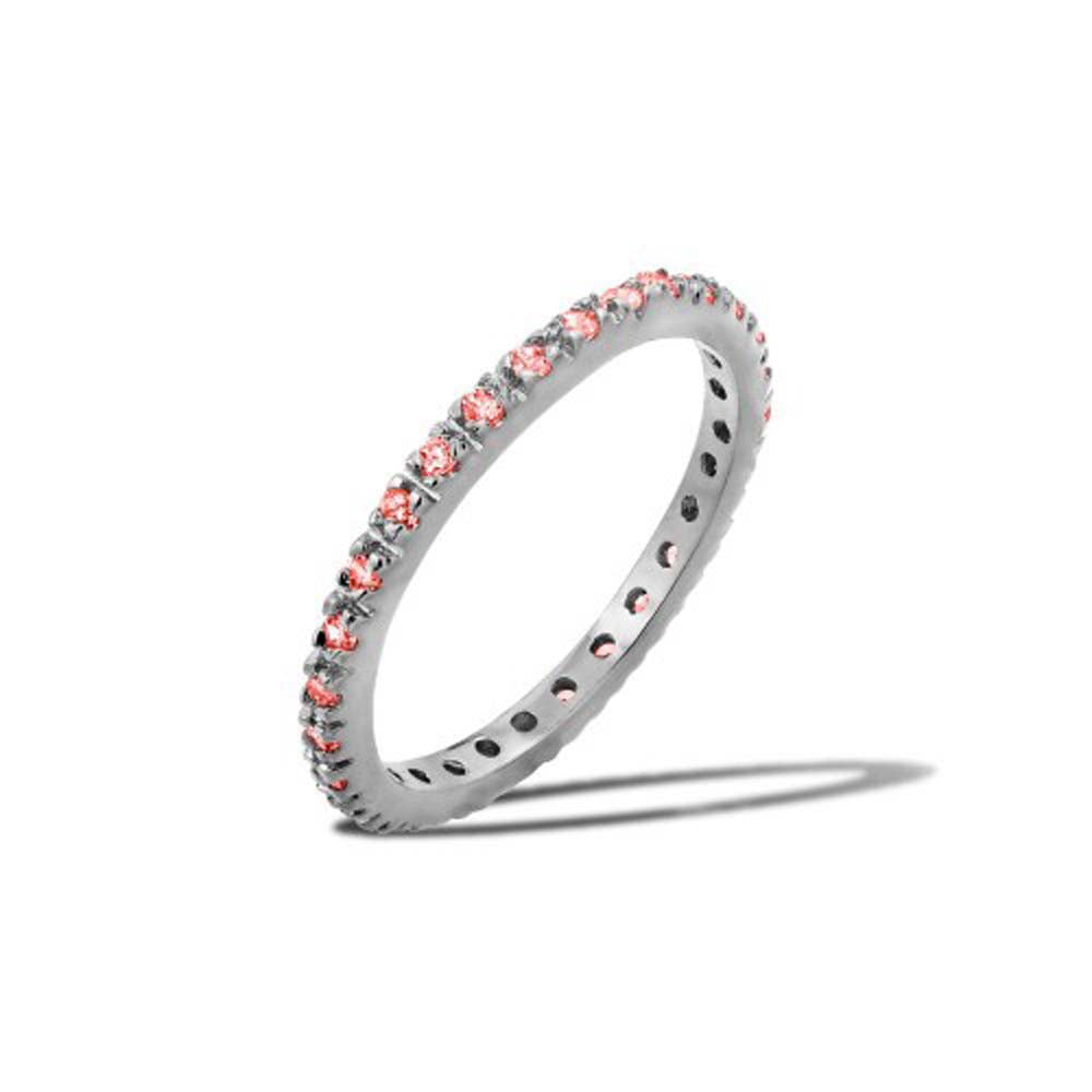 Sterling Silver Rhodium Plated Birthstone Inlay July Month Eternity Ring With Peridot CZ StonesAnd Width 2mm