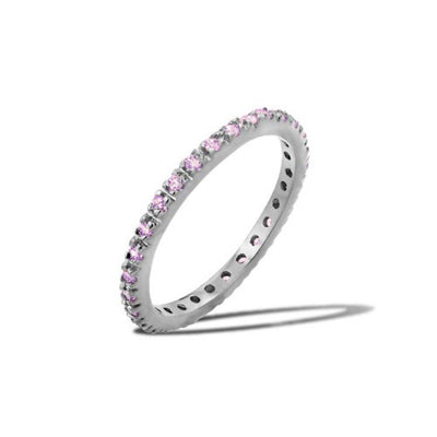 Sterling Silver Rhodium Plated Birthstone Inlay June Month Eternity Ring With Pink CZ StonesAnd Width 2mm