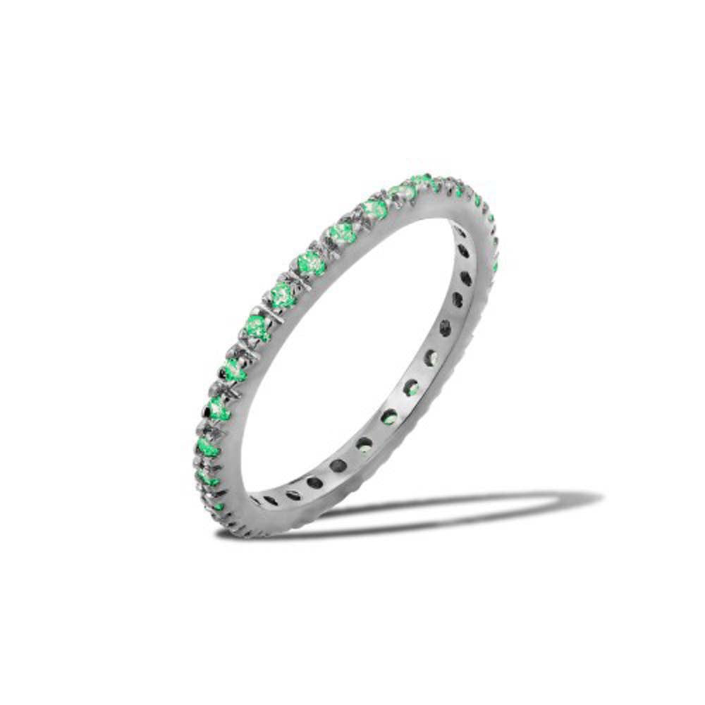 Sterling Silver Rhodium Plated Birthstone Inlay May Month Eternity Ring With Emerald CZ StonesAnd Width 2mm