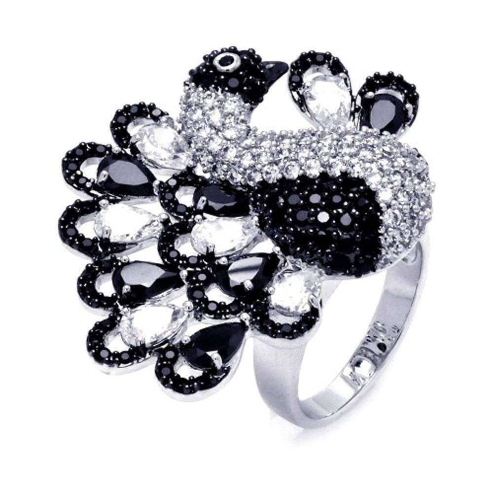 Sterling Silver Two-Toned Fancy Peacock Design Inlaid with Micro Paved Clear and Black Czs Ring