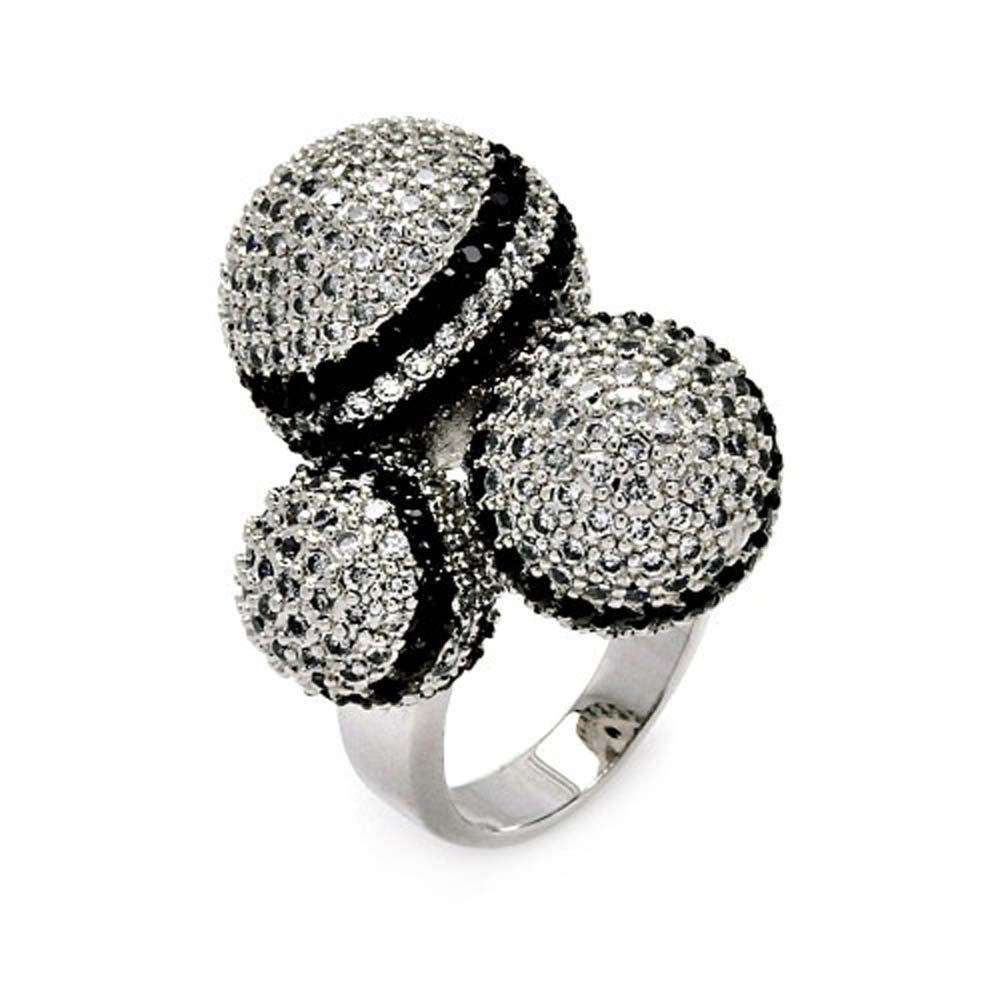 Sterling Silver Two-Toned Three Micro Paved Clear and Black Cz Balls Design Ring