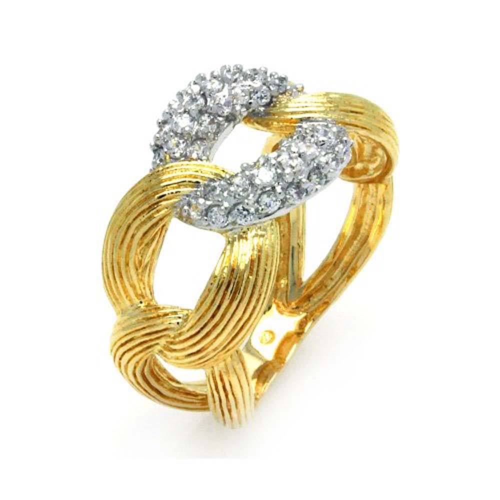 Sterling Silver Nickel Free Rhodium Plated 2 Toned Link Shaped Ladies Ring With CZ StonesAnd Width 1mm