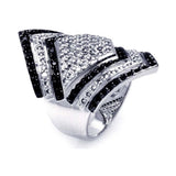 Sterling Silver Two-Toned Elegant Diamond Shaped Design Inlaid with Micro Paved Clear and Black Czs Ring