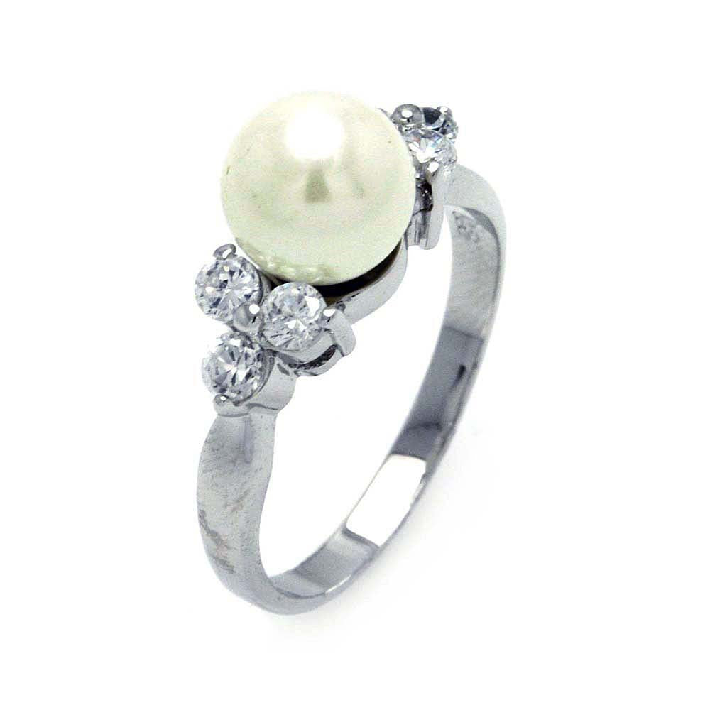 Sterling Silver Centered Faux White Pearl with Clear Czs RingAnd Pearl Size: 7MM