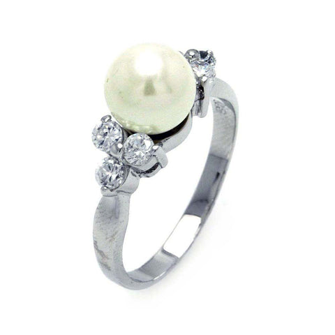Sterling Silver Centered Faux White Pearl with Clear Czs RingAnd Pearl Size: 7MM