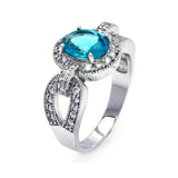 Sterling Silver Elegant Band Ring Inlaid with Clear Czs and Centered Oval Cut Aquamarine Cz