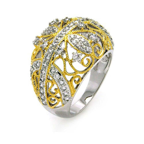 Sterling Silver Nickel Free Rhodium Plated 2 Toned Filigree Dome Shaped Ladies Ring With CZ StonesAnd Width 1mm