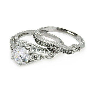 Sterling Silver Rhodium Plated Clear Channel Set CZ Bridal Wedding Ring Set