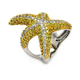 Sterling Silver Two-Toned Fancy Starfish Design Inlaid with Micro Paved Yellow and Clear Czs Split Shank RingAnd Ring Dimensions of 27.75MMx22.9MM