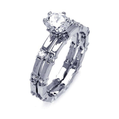 Sterling Silver Rhodium Plated Round Center Clear CZ Bridal Ring Set