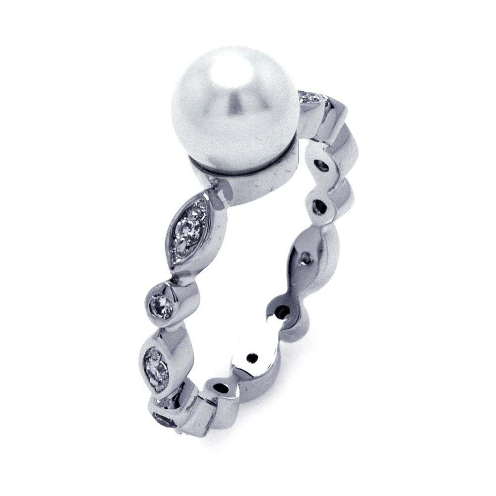 Sterling Silver Marquise and Round Cut Design Band Ring Inlaid with Clear Czs and Centered White Pearl
