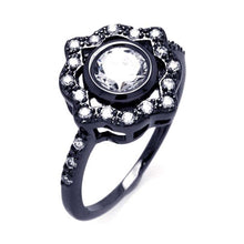 Load image into Gallery viewer, Sterling Silver Black Rhodium Plated Fancy Flower Design Inlaid with Clear Czs and Centered Round Cut Clear Cz on Bezel Setting Ring