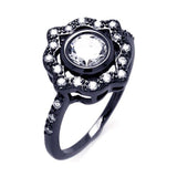 Sterling Silver Black Rhodium Plated Fancy Flower Design Inlaid with Clear Czs and Centered Round Cut Clear Cz on Bezel Setting Ring