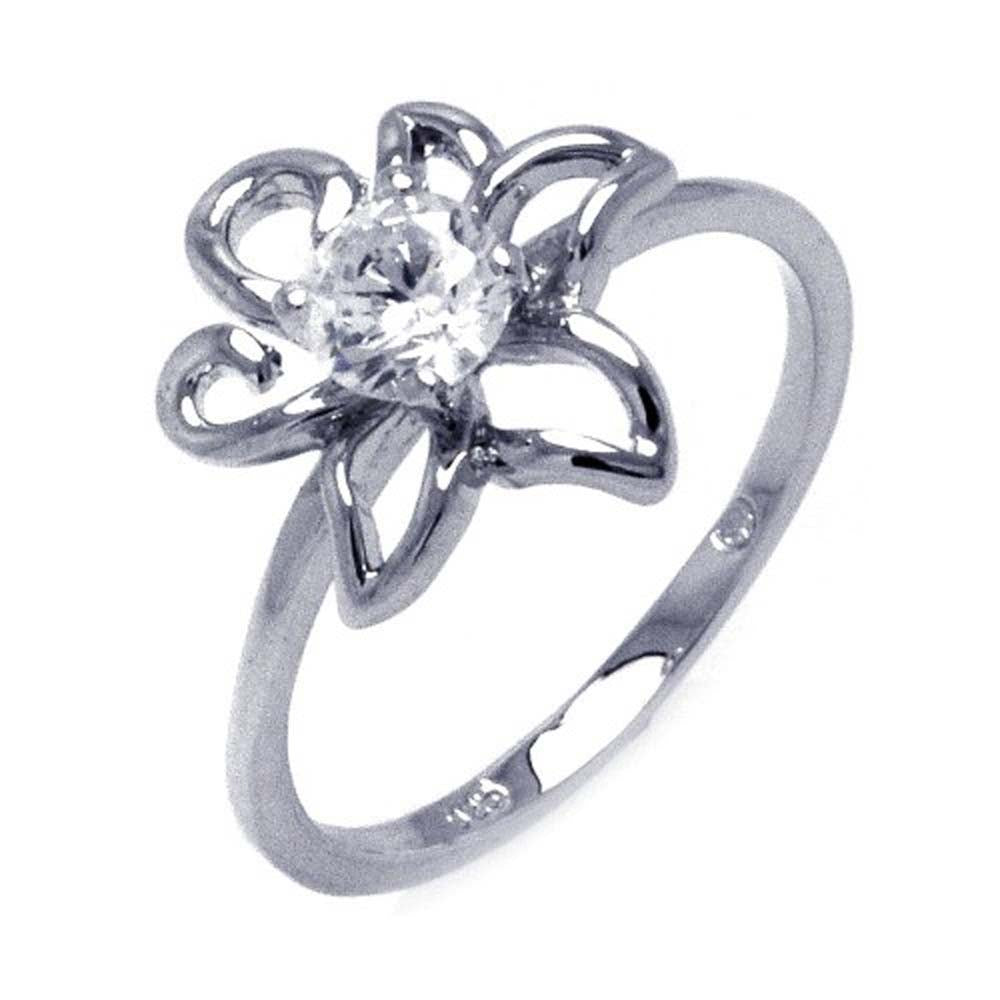 Sterling Silver Fancy Open Flower Design with Centered Round Cut Clear Cz Ring