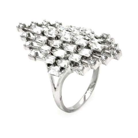 Sterling Silver Elegant Diamond Shaped Design Set with Baguette and Round Cut Clear Czs RingAnd Ring Dimensions of 31.5MMx17.7MM