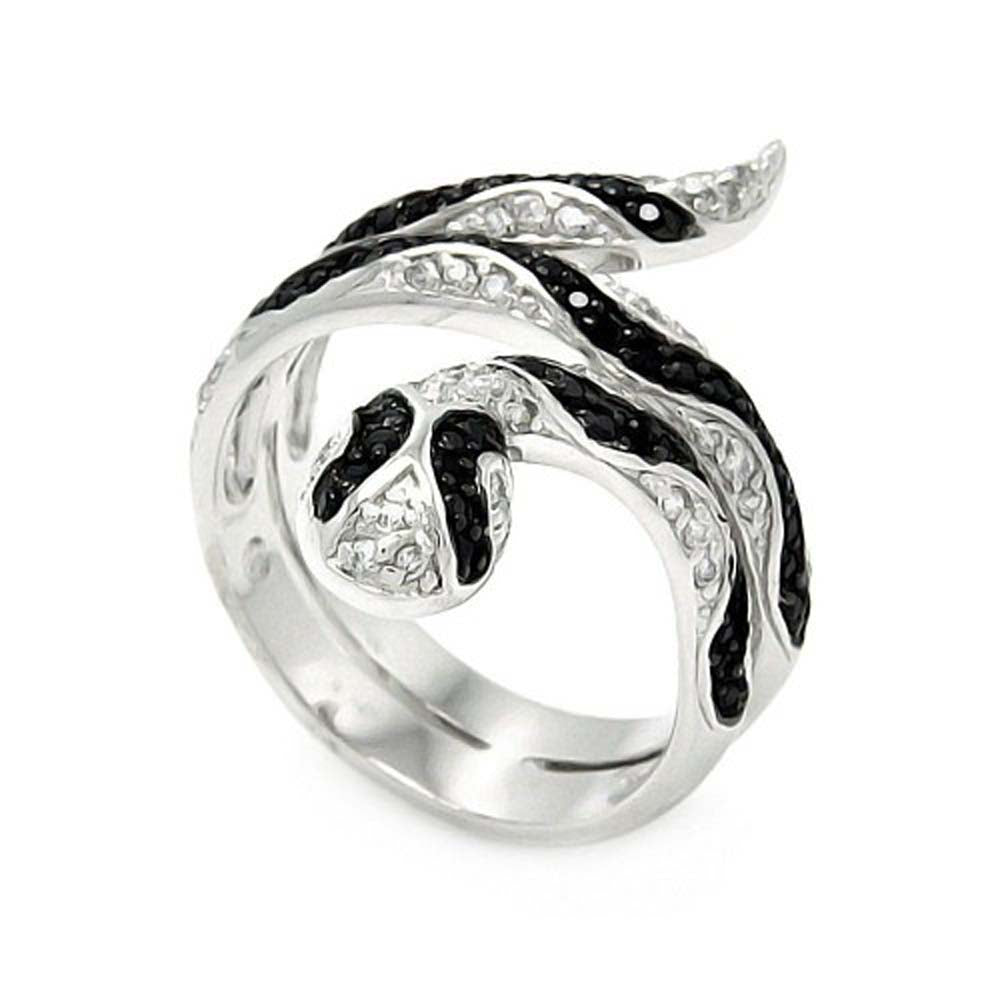 Sterling Silver Rhodium and Black Rhodium Plated Clear and Black CZ Snake Wrap Ring