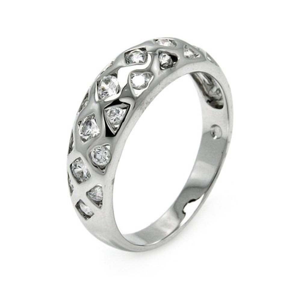 Sterling Silver Fancy Band Ring with Multi Shaped Pattern Design Inlaid with Clear CzsAnd Ring Width of 6.5MM