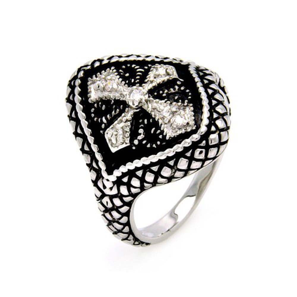 Sterling Silver Two-Toned Antique Style Cross Design Inlaid with Clear Czs Crest Cigar Band RingAnd Ring Width of 19.9MM