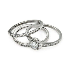 Sterling Silver Rhodium Plated Clear Cluster CZ Bridal Stackable Ring Set