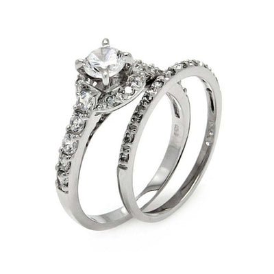 Sterling Silver Rhodium Plated Clear Round Center Pave Set CZ Bridal Ring Set