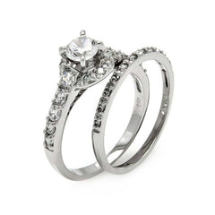 Sterling Silver Rhodium Plated Clear Round Center Pave Set CZ Bridal Ring Set