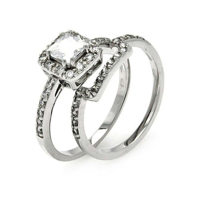 Sterling Silver Rhodium Plated Princess Cut Clear CZ Square Bridal Ring Set