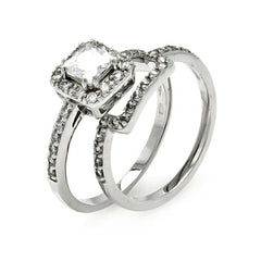 Sterling Silver Rhodium Plated Princess Cut Clear CZ Square Bridal Ring Set
