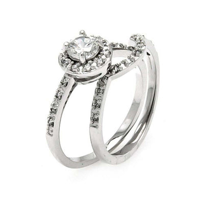 Sterling Silver Rhodium Plated Round Center Clear CZ Bridal Ring Set