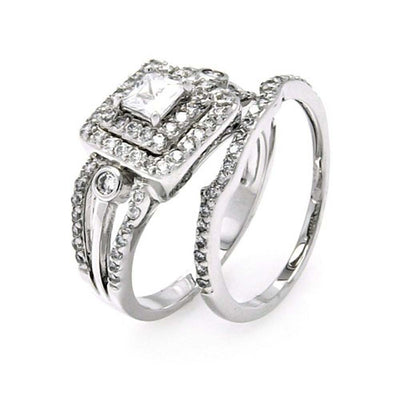 Sterling Silver Rhodium Plated Clear CZ Bridal Multi Layer Square Ring Set