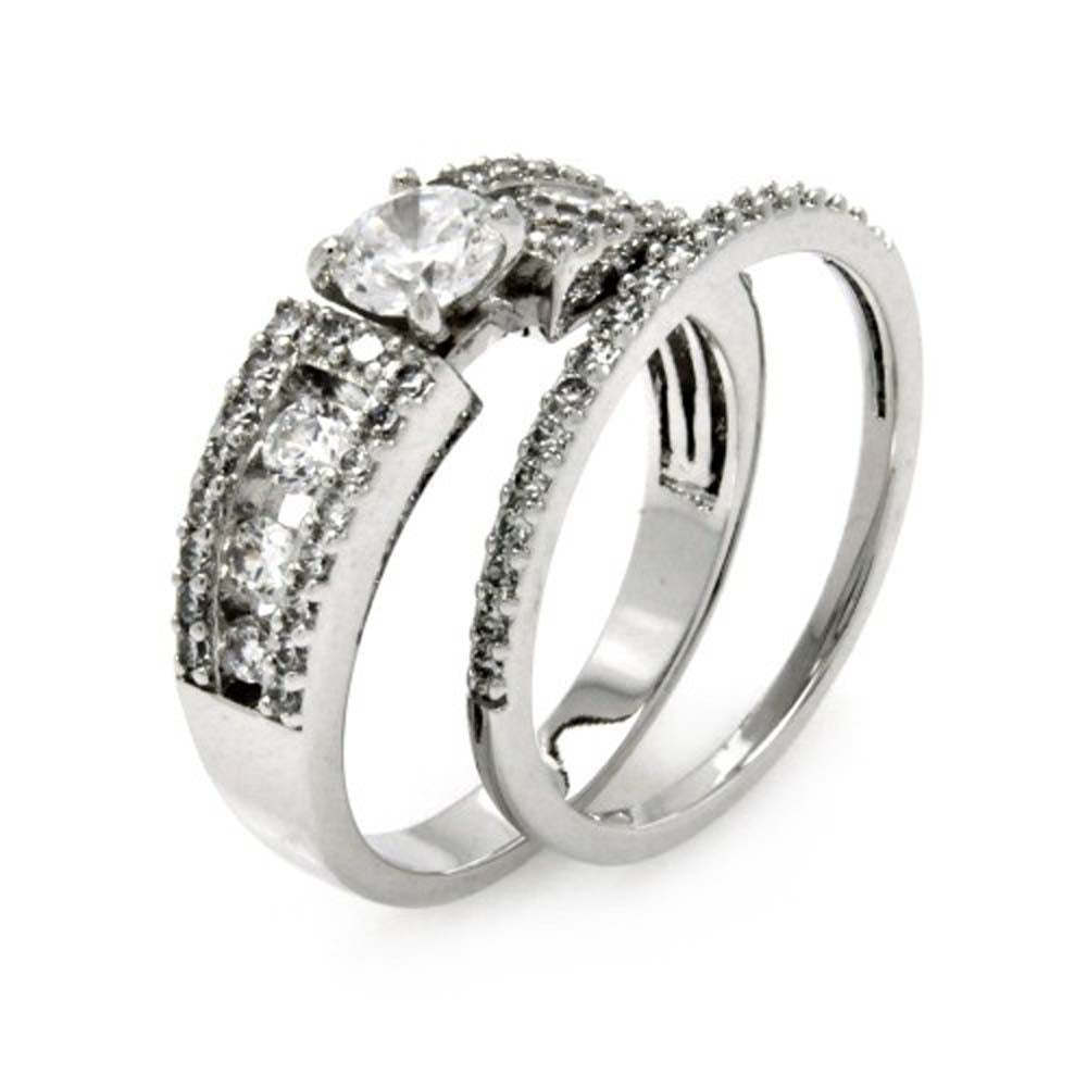 Sterling Silver 2 Pieces Engagement Ring Inlaid with Clear Czs and Centered Solitaire Round Cut Clear CzAnd Stone Size: 5MM