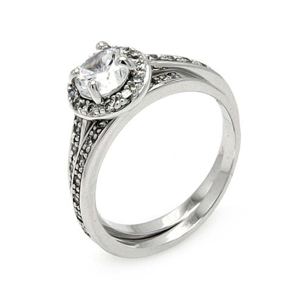 Sterling Silver 2 Pieces Engagement Ring with Centered Solitaire Round Cut Clear Cz with Paved Halo Setting