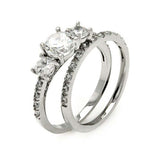 Sterling Silver Elegant 2 Pieces Engagement Ring Inlaid with Clear Czs and Centered Three Solitaire Round Cut Clear Czs