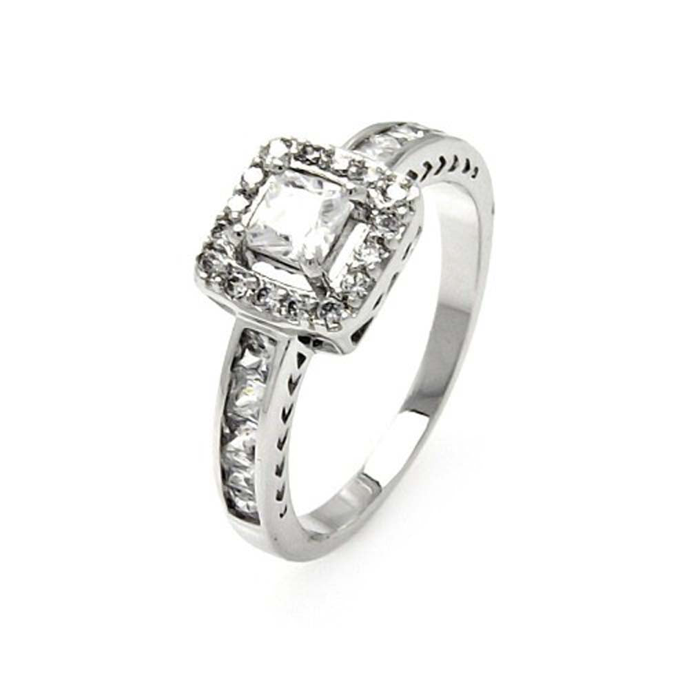 Sterling Silver Filigree Design Set with Solitaire Princess Cut Clear Cz with Paved Halo Setting RingAnd Stone Size: 3MM
