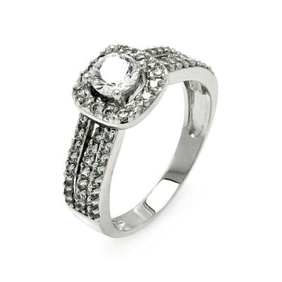 Sterling Silver Elegant Three Row Design Inlaid with Clear Czs and Centered Solitaire Round Cut Clear Cz with Paved Halo Setting Ring