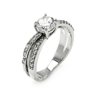 Sterling Silver Elegant Paved Band Bridal Ring with Centered Solitaire Round Cut Clear CzAnd Stone Size: 6MM