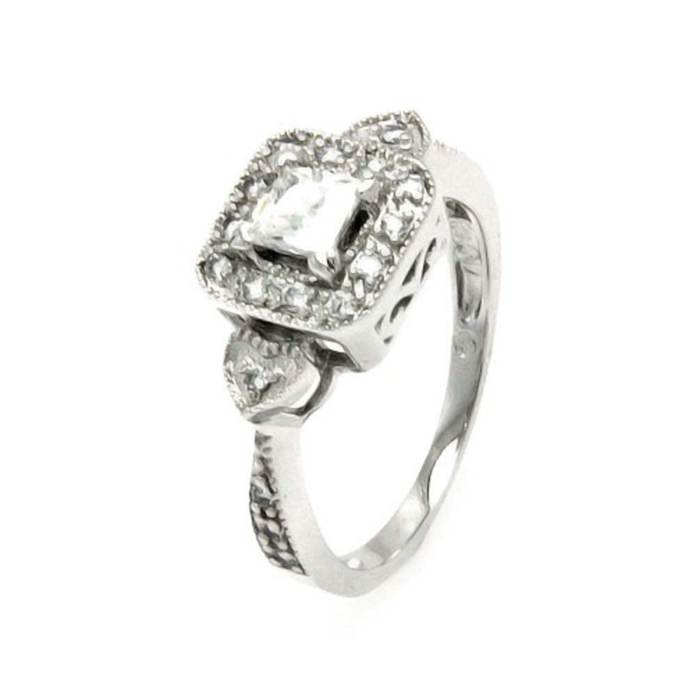 Sterling Silver Fancy Bridal Ring with Centered Solitaire Princess Cut Clear Cz with Paved Halo Setting and Heart Design on Both SidesAnd Ring Dimensions of 9.2MMx9.2MM