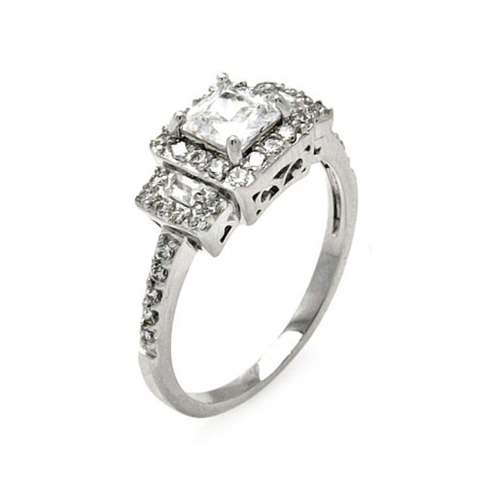 Sterling Silver Filigree Design Bridal Ring with Centered Solitaire Princess Cut Clear Cz and Baguette Cz on Both Sides with Paved Halo SettingAnd Ring Width of 8MM