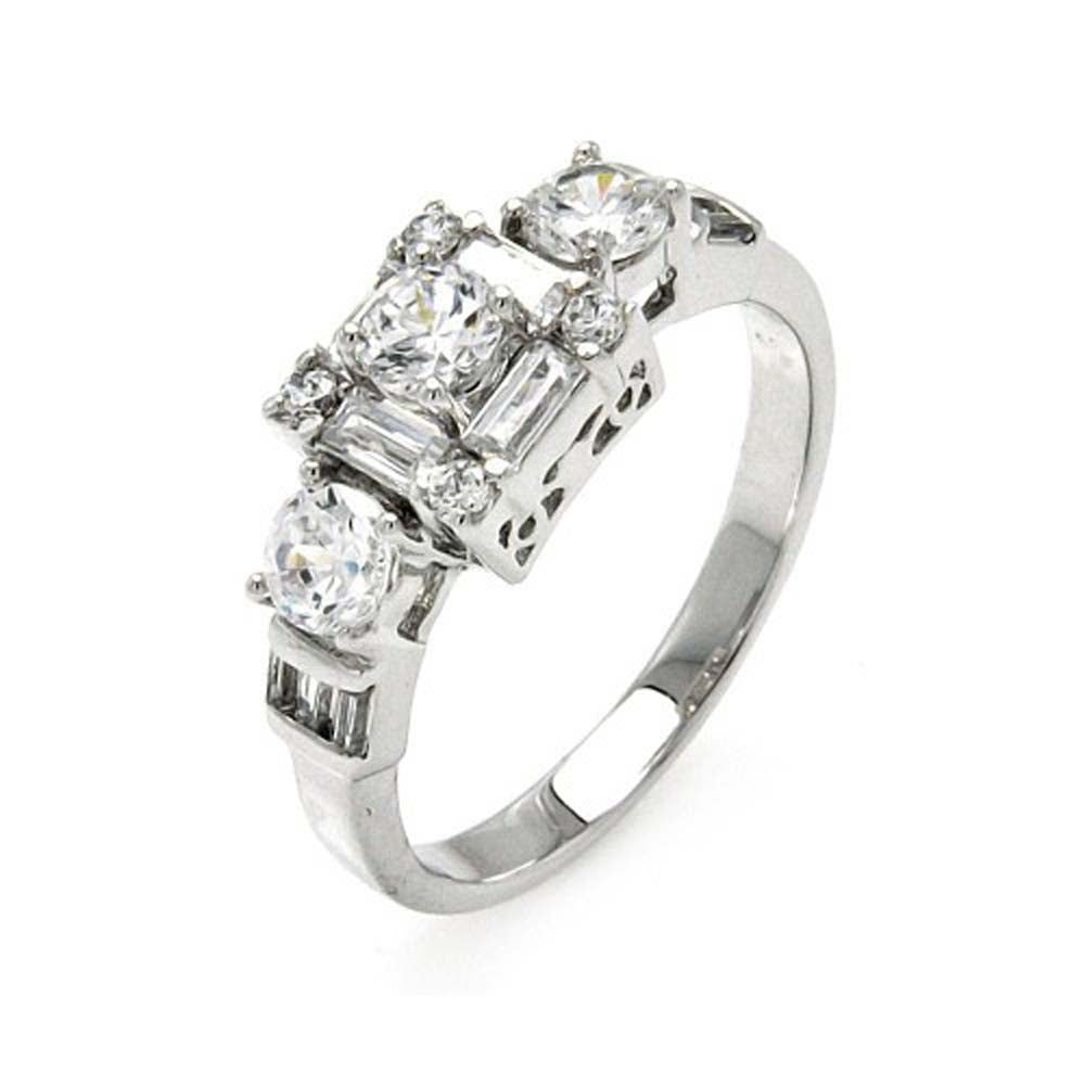 Sterling Silver Elegant Bridal Ring Set with Baguette and Solitaire Round Cut Clear Czs
